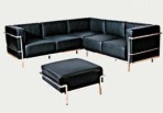 Leather & Chrome Sectional with Ottoman, Black